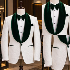 Paisley White Men's Suit Shawl Lapel Wedding Tuxedo Jacket Groom Formal 2pcs