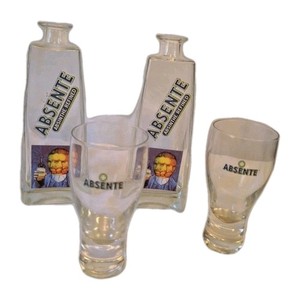 2 Absente Bottles (Empty) & 2 Absente Glasses Absinthe Refined Decorative Usable