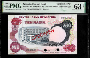 Nigeria Specimen 10 Naira 1973 PMG 63 EPQ UNC P# 17bs