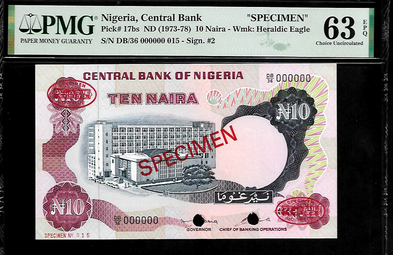 Nigeria Specimen 10 Naira 1973 PMG 63 EPQ UNC P# 17bs