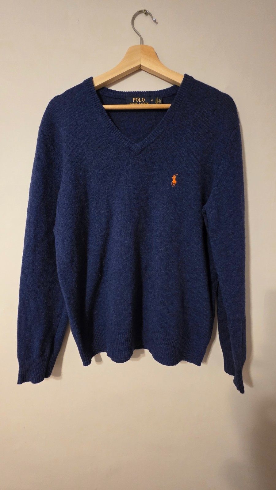 Polo Ralph Lauren Jumper Mens Large Medium Blue Lambswool V Neck Orange Pony 23