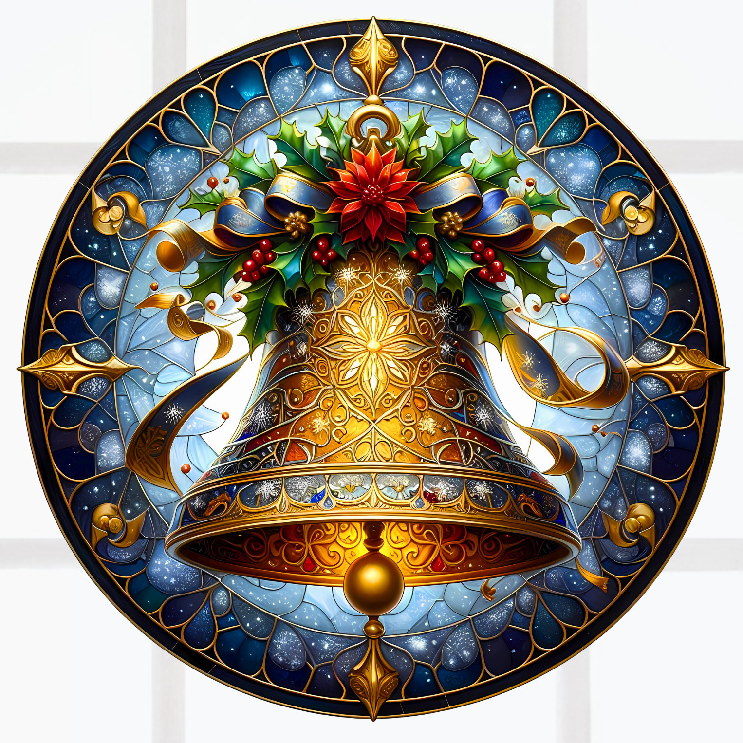 Christmas Bell Faux Stained-Glass WINDOW CLING Size 8" Round Vinyl
