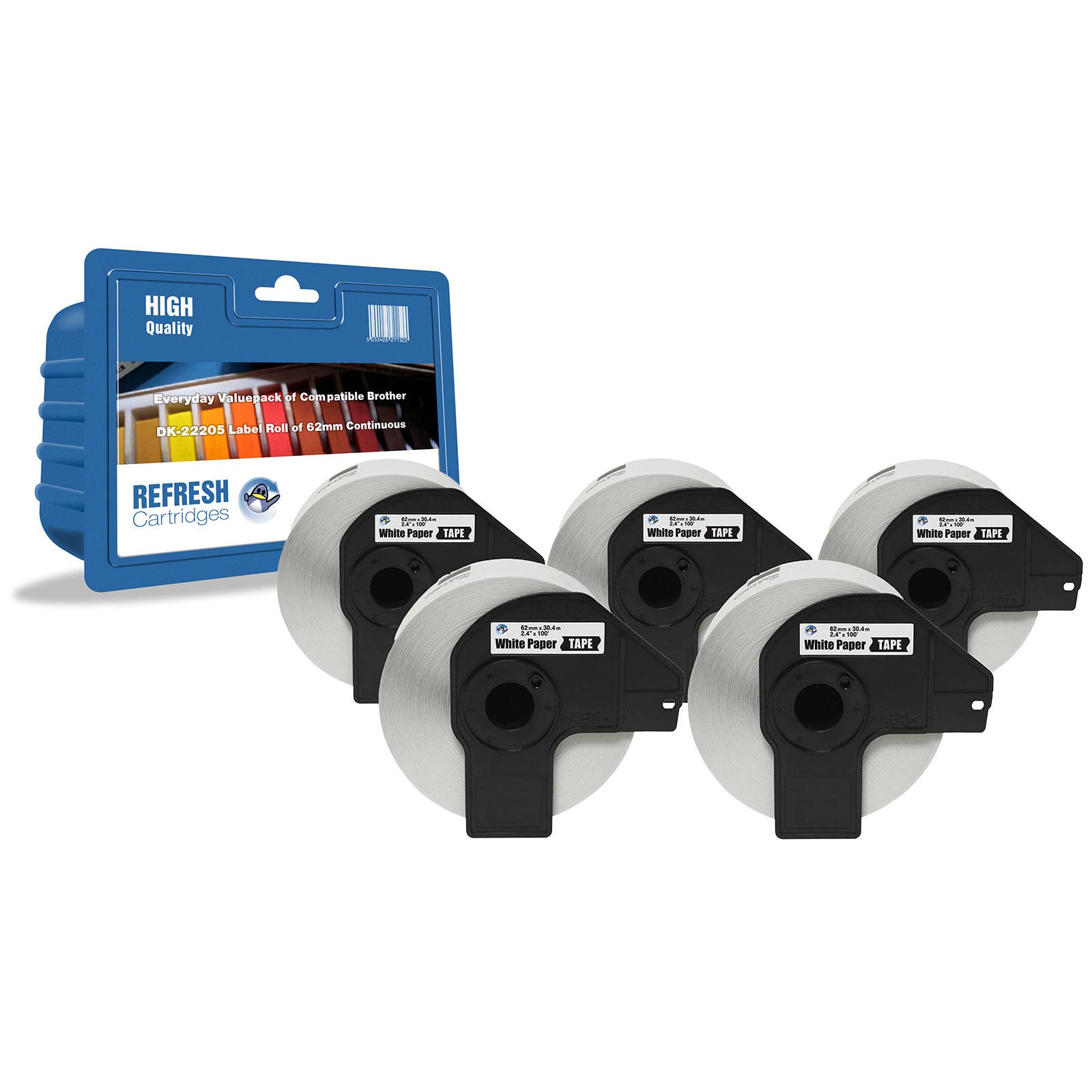 Refresh Cartridges 5Pk DK-22205 62mm Continuous Paper Label Rolls For Brother