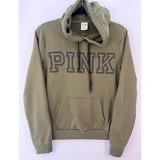 Victoria's Secret PINK Hoodie Olive Green Graphic Logo Pullover Sweatshirt Med
