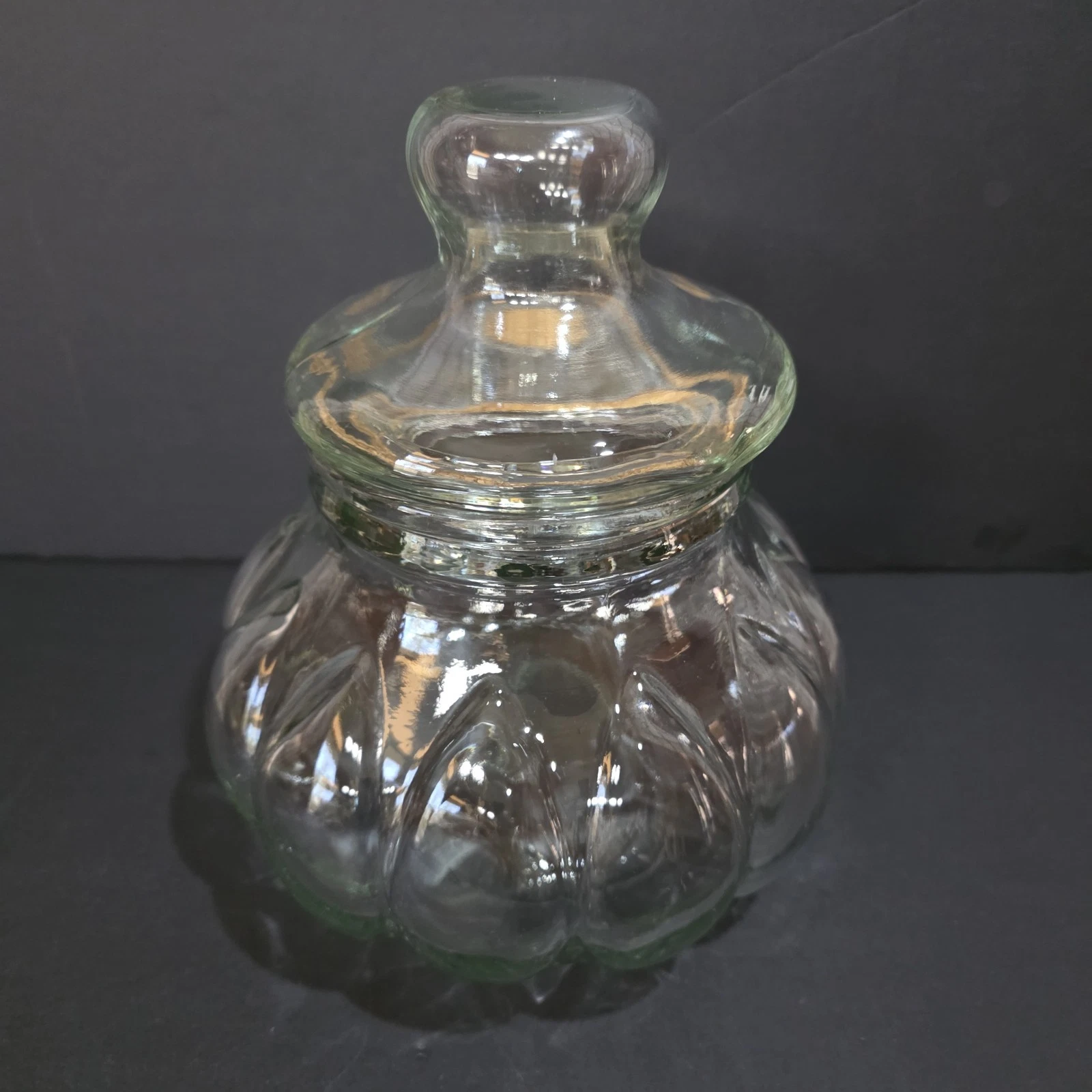 Pumpkin Jar W/Lid 10.5” Tall 9.5" Diam Apothecary Style Bulbous Recycled Glass
