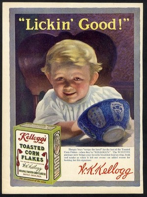 KELLOGGS Toasted Corn Flakes Ad 1916 Cute Blond Baby LICKIN GOOD Breakfast Food