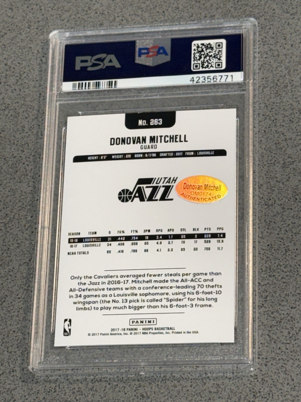2017-18 Panini NBA Hoops Donovan Mitchell Signed RC #263 PSA/DNA Auto PSA 10 Gem view 2