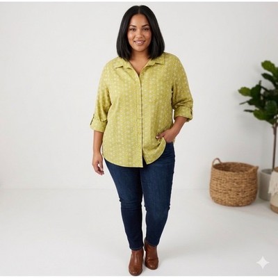 Wms Plus 2X Floral Embroidered Button Down Shirt Yellow Velvet Heart Grandmacore