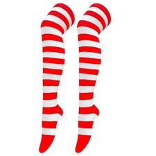 Striped Patterned Socks Thigh High Red and White