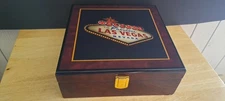 VINTAGE LAS VEGAS POKER SET IN HIGH GLOSSED BOX CHIPS CARDS DICE DEALER BUTTON