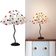 Colorful Dots Scalloped Table Lamp Modern Mini Pleated Linen Desk Lamp with F...