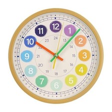Kids Wall Clock Telling Time Silent Non-Ticking Learning 10 inch Edu3-wood