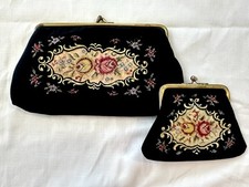 Vintage Golden Seal Needlepoint Clutch  Matching Coin Purse Rose Mid Century