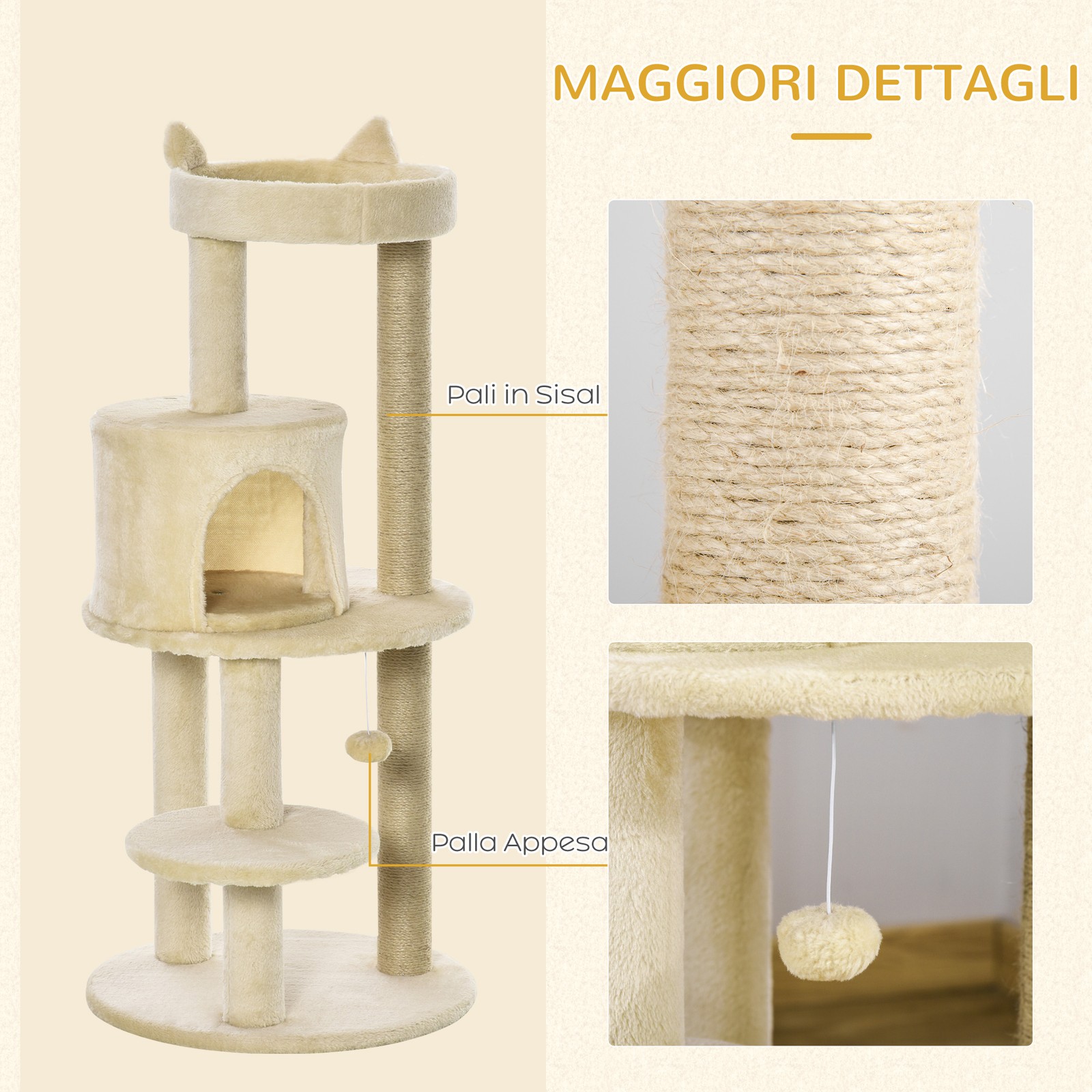 Albero Tiragraffi per Gatti Adulti con Cuccia Spaziosa e Piattaforma, 104 cm, Bi foto 5