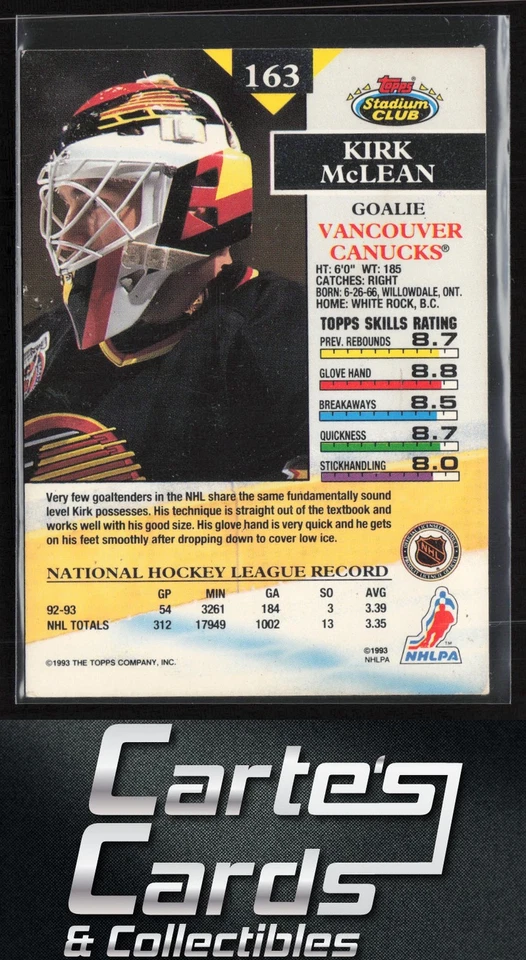 Kirk McLean 1993-94 Topps Stadium Club #163 First Day Issue Vancouver Canucks - Image 2 of 2