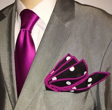 Pocket Square Black  White Polka Dot Magenta Stitch Borders By Squaretrapny.com
