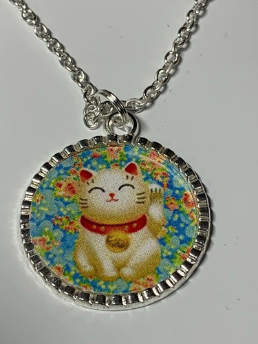 Collana 18" ciondolo gatto portafortuna cinese blu su argento tibetano D-923 - Foto 1 di 2