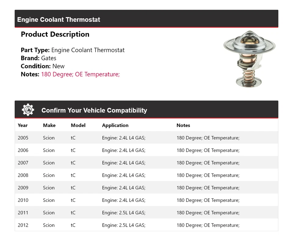 Termostato de refrigerante de motor Scion tC 2005-2012 puertas 2006 2007 2008 2009 2010 Foto 2 de 4
