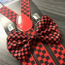 Red Black Checker Suspenders and Bow Tie Matching Set Wedding Prom Adult 