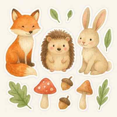 Forest Animals Sticker Set Fox Bunny Hedgehog Decal Watercolor Nature Nursery Decor
