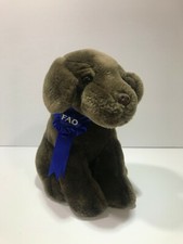 FAO Schwarz Dog Chocolate Lab Blue Ribbon 10" Soft Toy Stuffed Animal Brown vtg