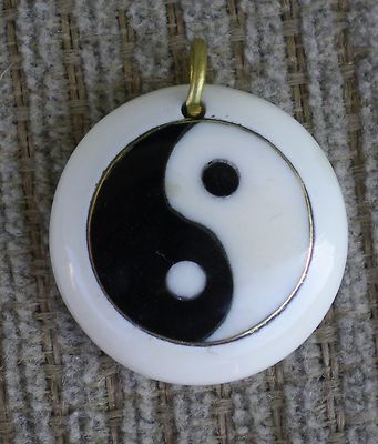 Round Buddhist Bone & Brass Pendant from Nepal White and Black Yin Yang Sign