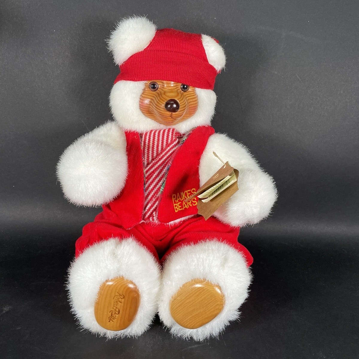 Vintage 1989 Robert RAIKES BEAR Red Santa Elf Plush Wooden Face
