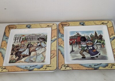 Tourist Cats Italy Square Dish Plate Ceramic 7.5  Lot Of 2