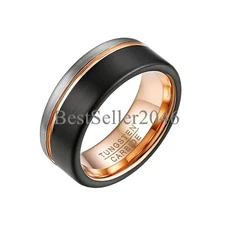 8mm Tungsten Carbide Ring Gold Line Silver Black Brushed Wedding Band Size#5-16