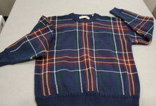 Vtg John Ashford Large Blue Green Red Plaid Crew Pullover Sweater 100 Cotton