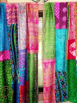 2 Pcs Indian Sari Patchwork Curtain Drape Window Decor Multi Silk Sari Curtain