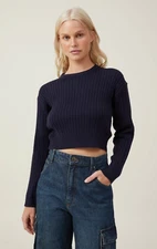 Cotton:On Womens Everfine Cable Crew Neck Pullover Fitted Sweater Navy Size L