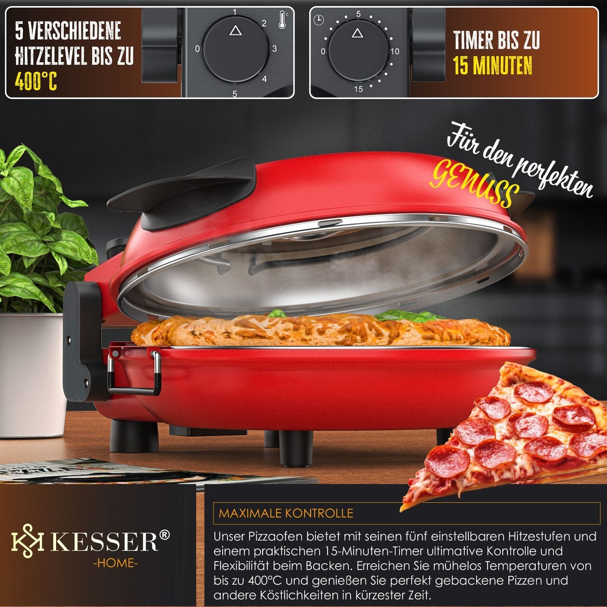 KESSER® Pizza Oven with Refractory Stone Plate up to 400 Degrees | Electric Stone Oven 1200W | Pizza Oven 32 cm with Timer, 5 heat settings and viewing window including pizza cutter