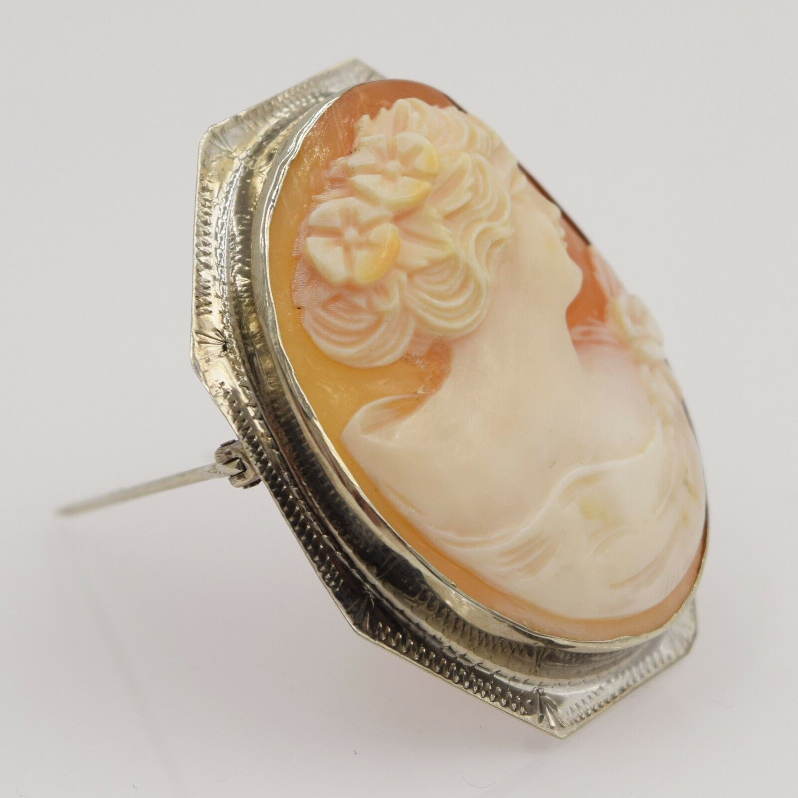 Antique Carved Shell Cameo Brooch 14k White Gold … - image 12