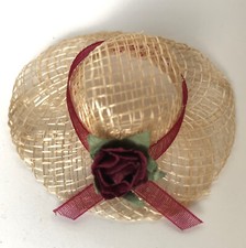 Dollhouse Miniature Decorative Straw Hat with Burgundy Rose  Ribbon 2 1/8"