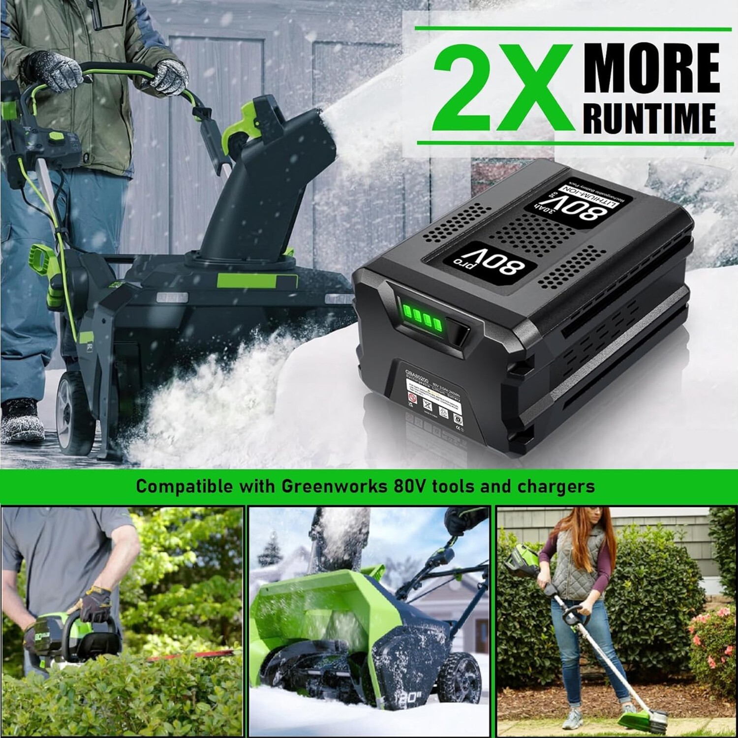2pack For Greenworks Battery 80V 3.0Ah Lithiumion GBA80200 80 Volt Power Tools eBay