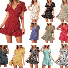 Boho Sexy Women's Summer Short Sleeve V-Neck Floral A-line Party Dress Sun Dress