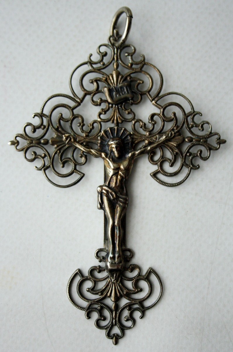 フランス アンティーク 聖イエス クロスメダイ 超大型 超希少 70×70mm VINTAGE 70'S ORTHODOX ELABORATE METAL CROSS WITH JESUS CHRIST 11cm