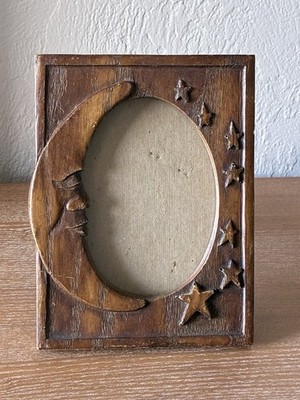Vintage 1978 W. Abell Jr. Folk Art Celestial Moon Face Stars Wood Picture Frame 