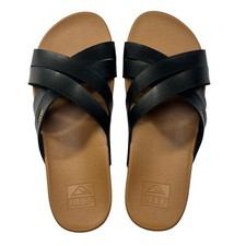 NEW Reef Cushion Spring Bloom Sandal Womens 6 Black Leather Comfort Casual Slide
