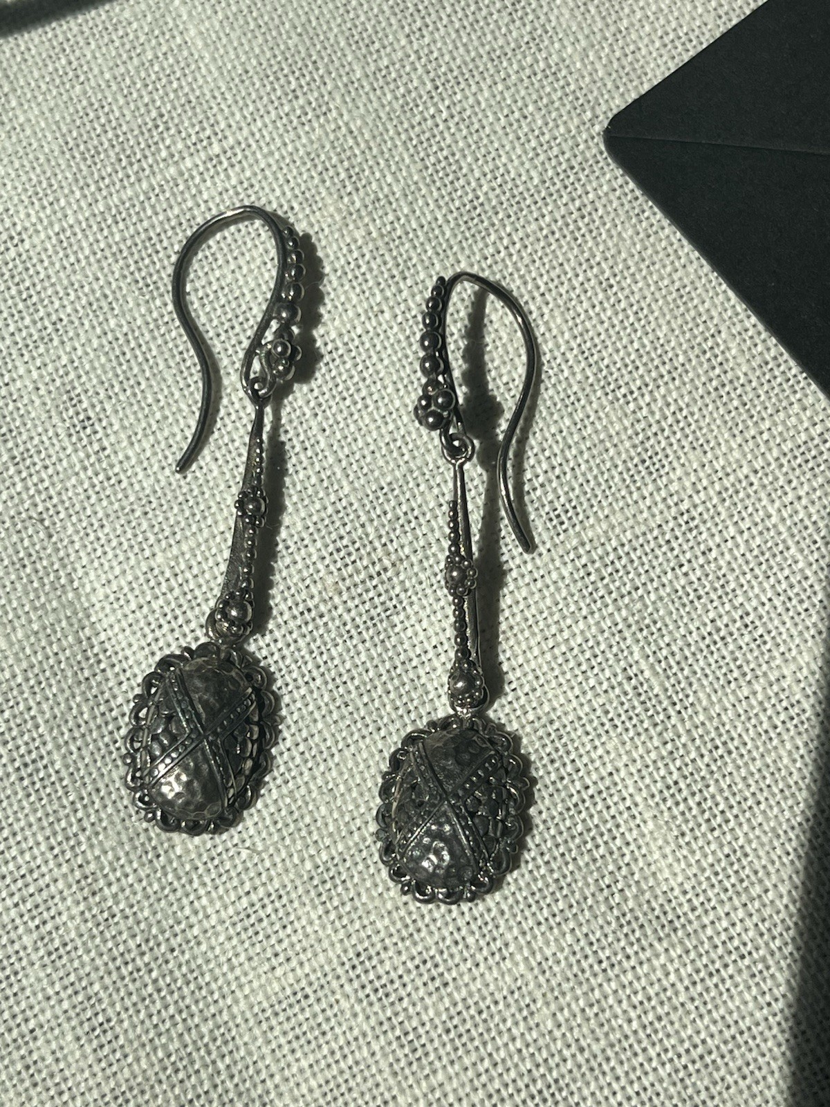 Sarda 925 Sterling Silver Long Drop Earrings Ornate Oval Dangle Bali Style
