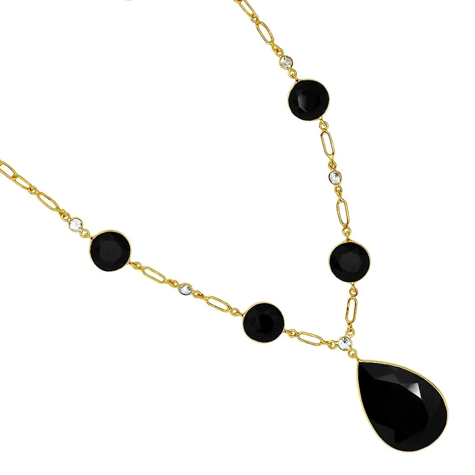 18K Gold Over Brass Black Onyx & Sky Blue Topaz Necklace Earrings Set TT01003 - Image 2 of 3