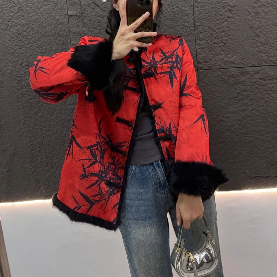 Abrigo de piel de conejo real reversible de doble cara estilo chino para mujer Foto 3 de 4