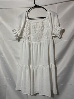 White Knee Length A-Line Puff Sleeve Square Neck Dress XXL Ruffle Accent