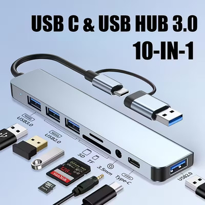 8 in 1 USB Hub mit Kartenleser Audio Klinke PC