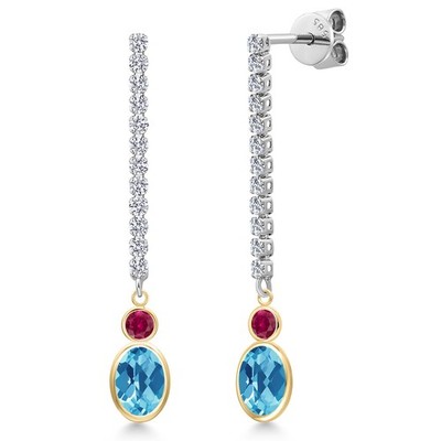 14K Two Tone Gold Swiss Blue Topaz and Created Ruby and Lab Grown Diamond