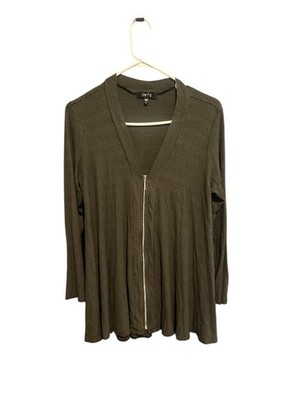 Comfy USA Tunic Top Women L Green Striped Long Sleeves Relaxed Zipper Long