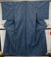Japanese Vintage Kimono Silk Blue Oshima Tumugi Traditional Authentic Length60in