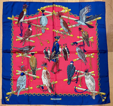 Sciarpa di seta vintage Hermes Les Oiseaux Du Roy Carre 90 blu navy rossa in scatola #m5080