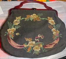 Vintage Floral Needlepoint Handbag Purse w/ Burgundy Plastic Frame Handle